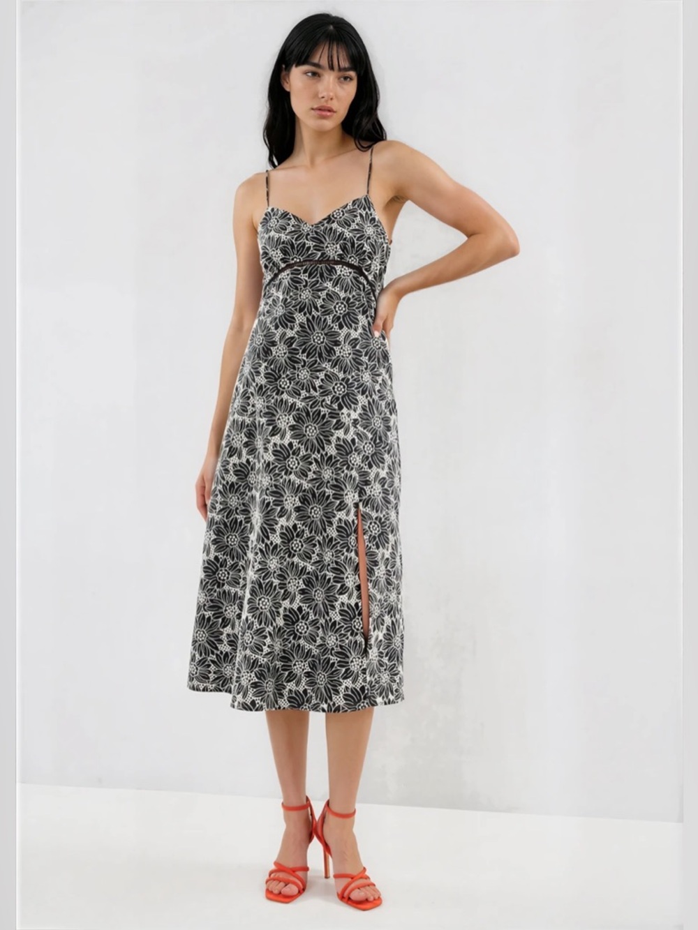Suncoo Paris Floral Cotton Midi Dress Tie Back Slit Size S